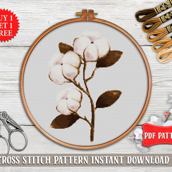 Cotton cross stitch pattern, Modern cross stitch PDF, Flower cross stitch, Cotton branch embroidery, Plant wall decor, Counted cross stitch