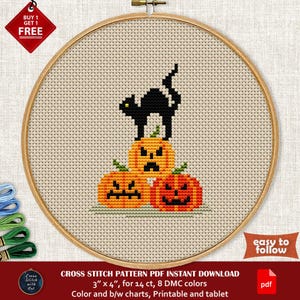 Black cat and pumpkins. - Halloween cross stitch pattern PDF. Funny cross stitch chart. Easy counted cross stitch art. Halloween Decor