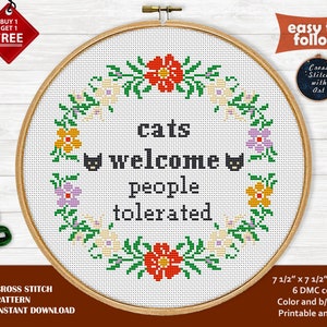 Sarcastic cross stitch pattern. Cats welcome cross stitch PDF. Modern snarky cross stitch. Cat cross stitch chart. Flower wreath xstitch