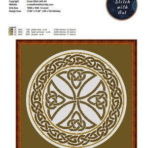 May include: A cross stitch pattern for a Celtic knot design. The pattern is in a circular shape and features a gold, brown, and white color scheme. The pattern is 13.86 inches by 13.86 inches and requires 194 stitches by 194 stitches.
