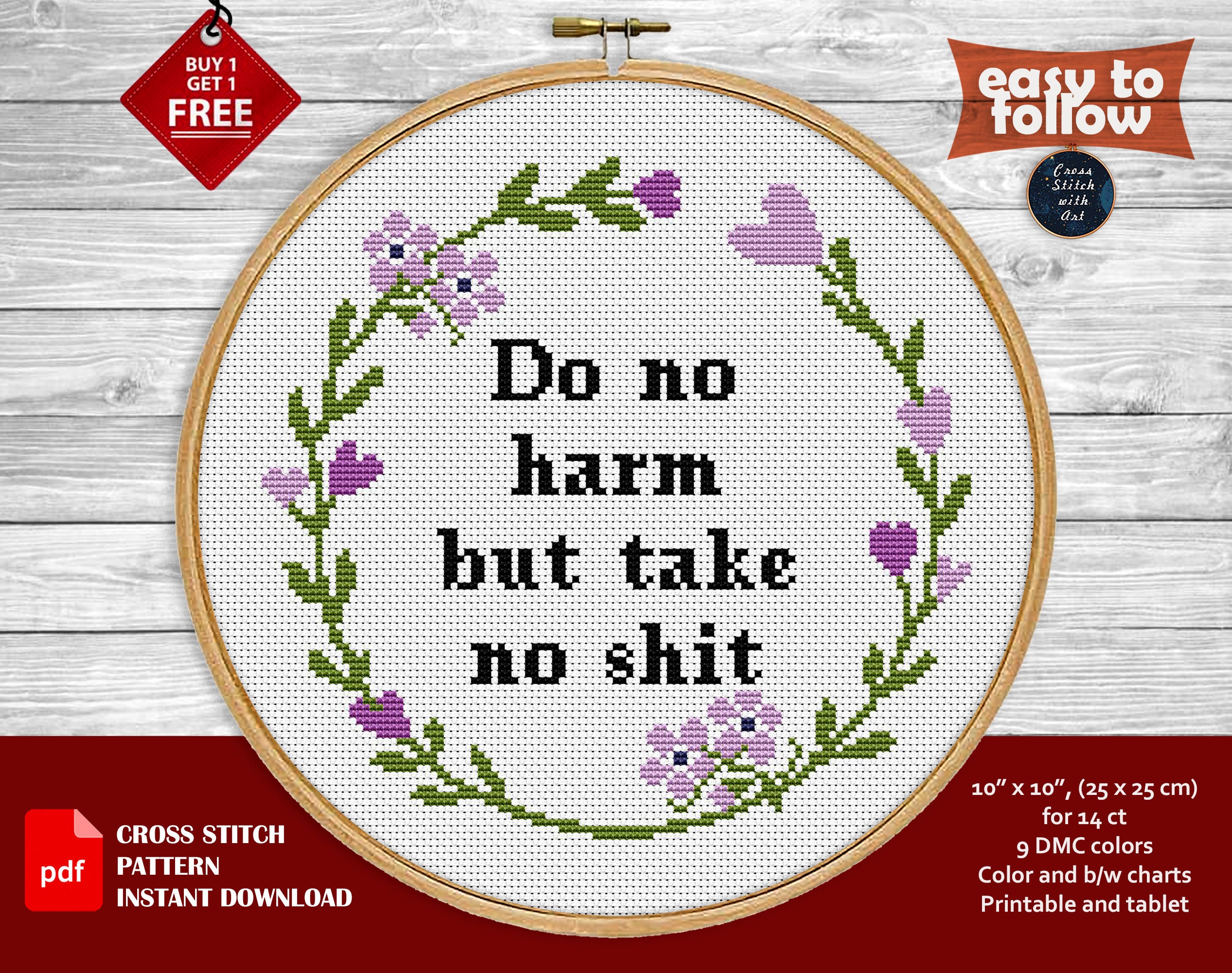 Do No Harm but Take No Shit. Adult Starter Cross Stitch Kit for