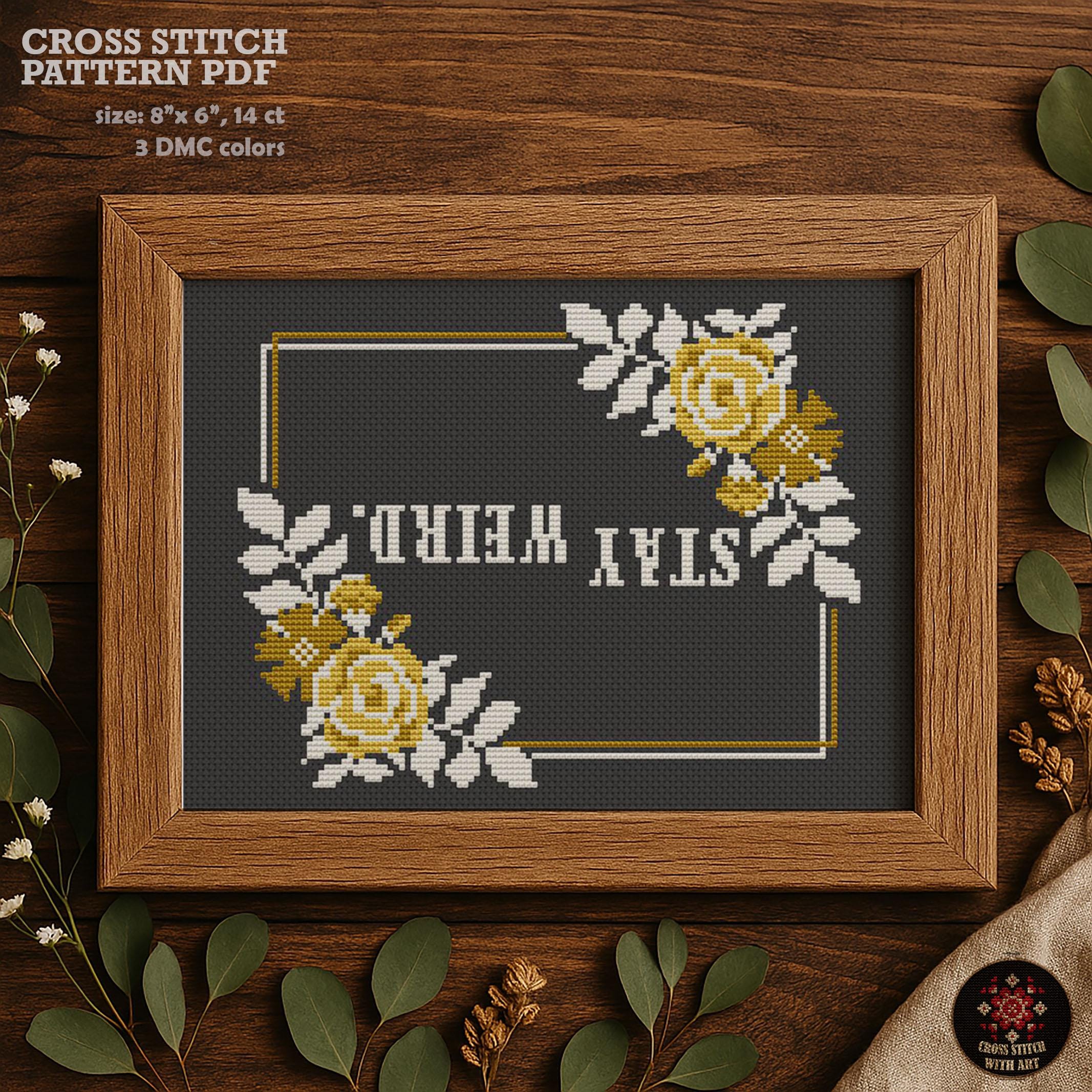 Stay Weird Cross Stitch Pattern, Yellow Roses, Gothic Embroidery