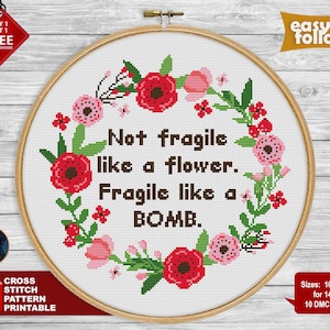 Snarky Feminist Cross Stitch Pattern: Not Fragile Like a Flower (PDF)