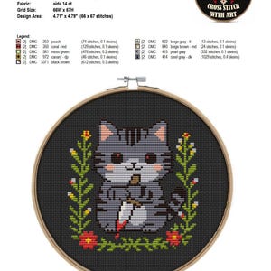 Op de afbeelding: Kruissteekborduurwerk van een grijze kat met een mes, omringd door een bloemenkrans, tegen een zwarte achtergrond. Het ontwerp is omlijst in een houten hoepel. De tekst "Cat with Knife" staat bovenaan.