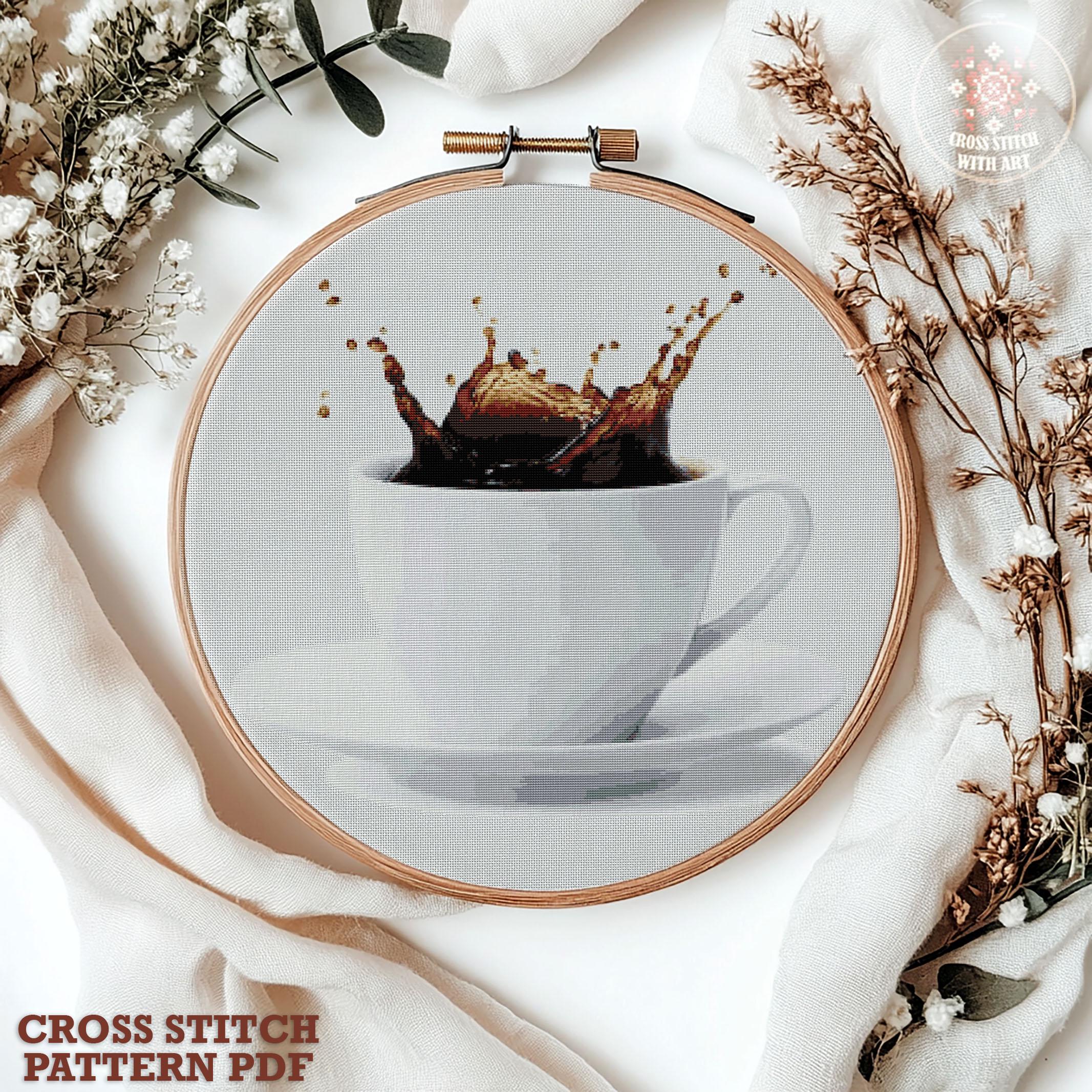 Coffee Splash Cross Stitch Pattern PDF, Modern Kitchen Embroidery