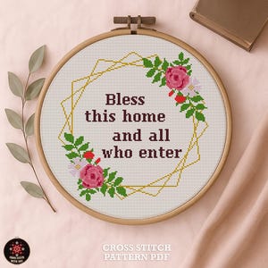 Bless This Home bloemen kruissteekpatroon | Modern borduurwerk (pdf-download)