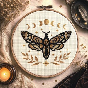 Celestial Gothic Cross Stitch Pattern PDF, Moth & Moon. Deadhead Butterfly, Witchcore Decor