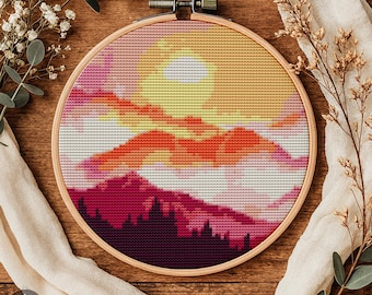 Mountains Sunset Cross Stitch Pattern, Easy Watercolor Landscape (PDF Pattern)