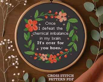 May include: A cross-stitch embroidery in a wooden hoop. The black fabric features a floral wreath design with the text: "Once I defeat the chemical imbalance in my brain. It's over for you hoes." The words "CROSS STITCH PATTERN PDF" are at the bottom.