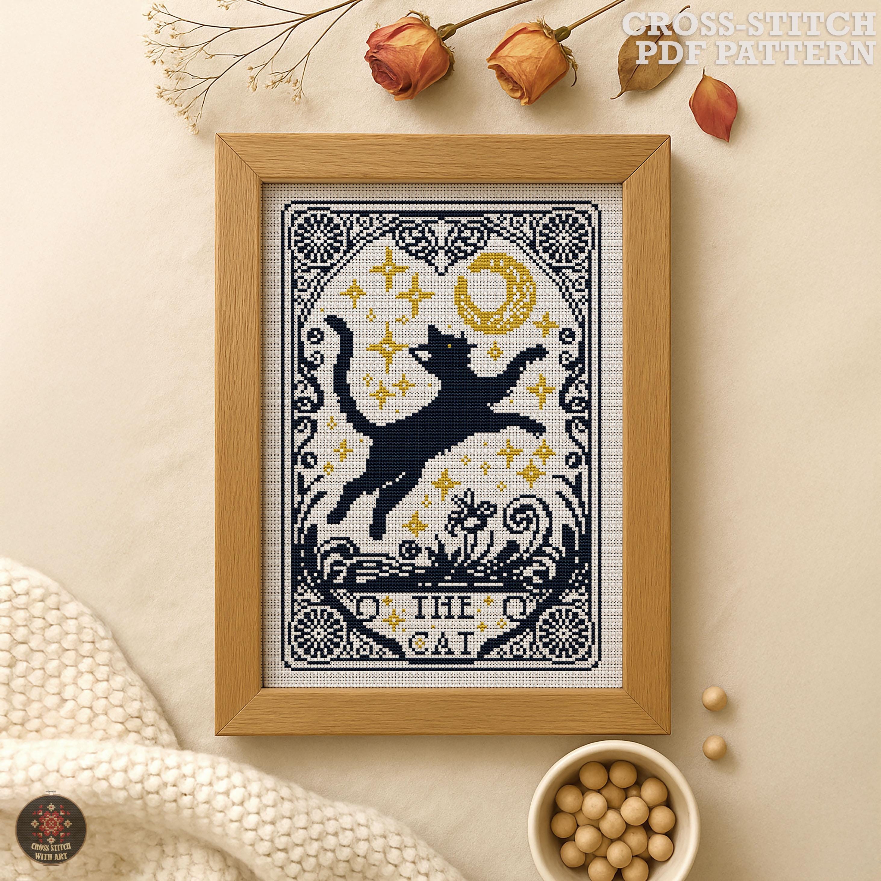 Mystical Cat Tarot Card Cross Stitch Pattern - Gothic Moon Stars