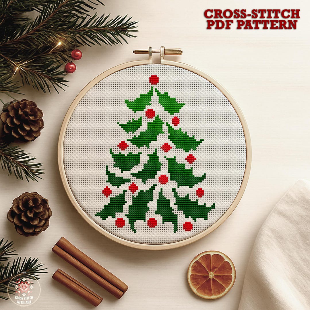 クリスマスツリーのクロスステッチパターン：簡単なクリスマス刺繍装飾