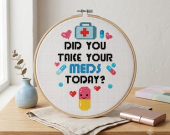 Funny Mental Health Cross Stitch Pattern – Kawaii Pill Reminder (PDF)