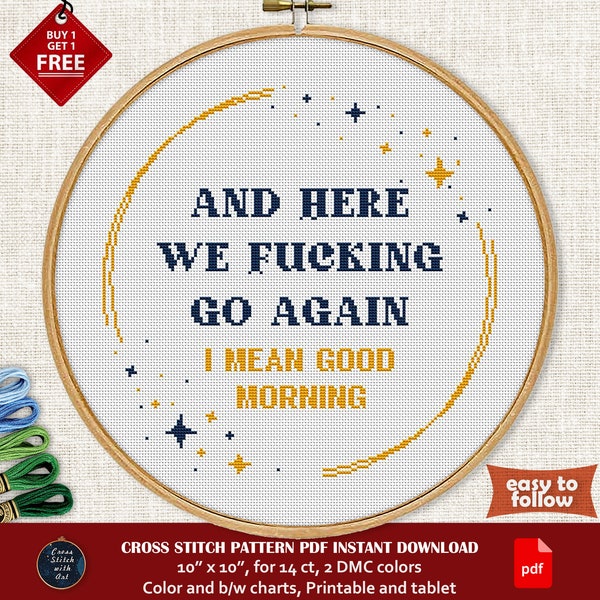 Here We Fucking Go Again cross stitch pattern. Sarcastic cross stitch PDF. Sassy snarky cross stitch sign. Funny modern cross stitch easy