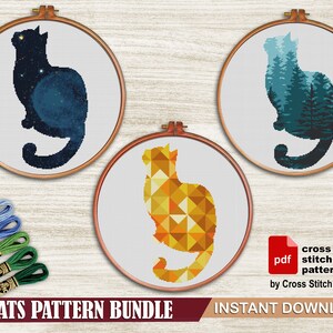 May include: A collection of three cat cross-stitch patterns in wooden hoops. One cat silhouette features a starry night design, another a forest scene, and the third a geometric pattern. The image includes embroidery floss and text that reads "CATS PATTERN BUNDLE".