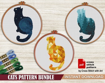 Cat Cross Stitch Patterns Bundle PDF. Modern Animal Embroidery Design. Cat Lover Gift