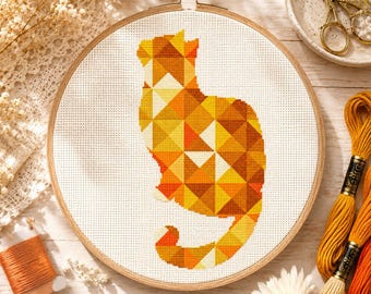 Geometric Cat Cross Stitch Pattern, Poligonal Animal Modern Embroidery (PDF Download)
