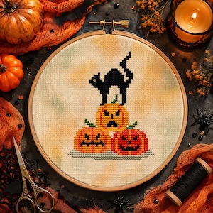 Black Cat & Pumpkins Cross Stitch Pattern, Funny Halloween Design (PDF Download)