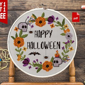 Happy Halloween cross stitch pattern. Sassy cross stitch PDF. Modern cross stitch. Flower wreath. Easy counted xstitch. Halloween embroidery image 6