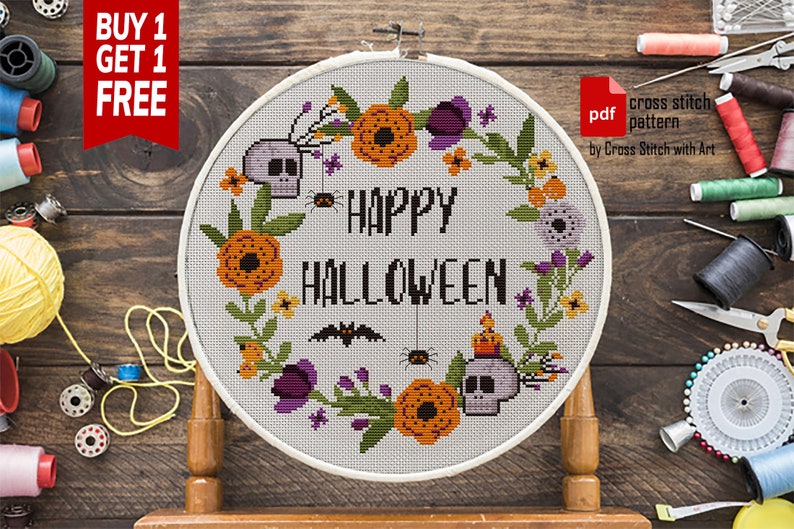 Happy Halloween cross stitch pattern. Sassy cross stitch PDF. Modern cross stitch. Flower wreath. Easy counted xstitch. Halloween embroidery image 6