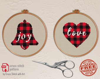 Xmas cross stitch pattern. Christmas cross stitch. Home decor. Heart cross stitch beginner Easy cross stitch Buffalo plaid cross stitch PDF