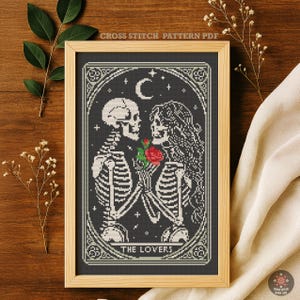 The Lovers Gothic Cross Stitch Pattern, Tarot Card Skeleton Couple (PDF Pattern)