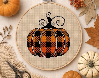 Plaid Pumpkin Cross Stitch Pattern PDF. Autumn  Embroidery Chart. Fall Seasonal Decor