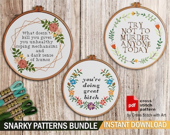 Snarky cross stitch pattern bundle. Funny cross stitch chart. Rude cross stitch. Easy Adult cross stitch PDF. Sarcastic quote embroidery