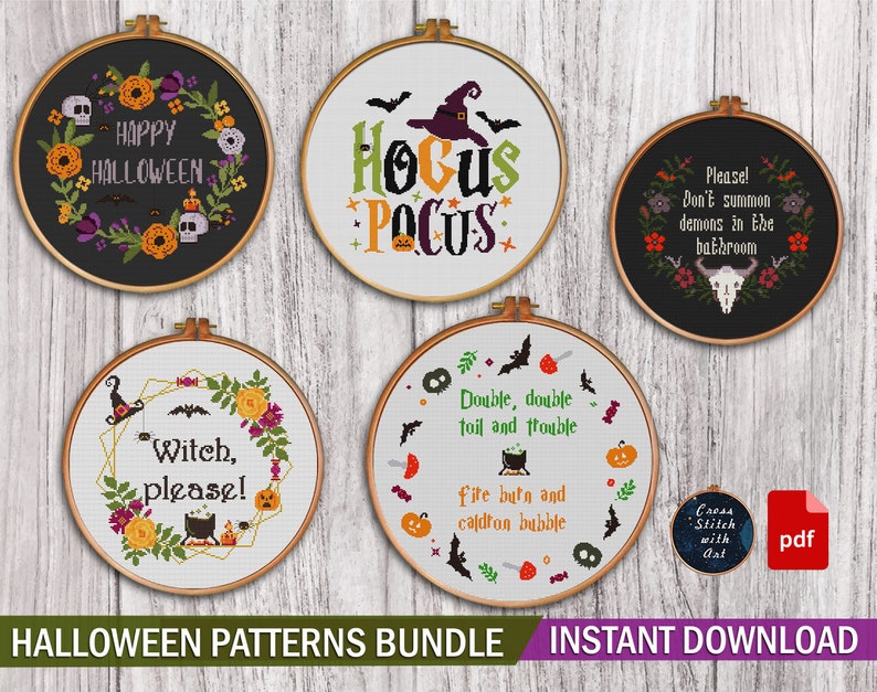 Halloween cross stitch patterns bundle. Witch please cross stitch PDF. Modern cross stitch. Easy counted xstitch. Halloween embroidery image 1