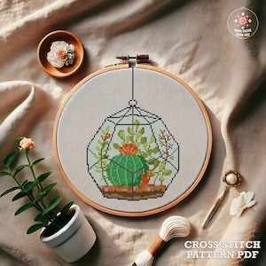 House Plant Succulent Cross Stitch Pattern PDF. Flower cross stitch chart. Modern Homely Cactus Embroidery Design. Hanging Pot Home Decor