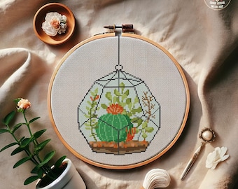 多肉植物テラリウムのクロスステッチ図案：モダンなサボテン刺繍図案（PDFダウンロード）