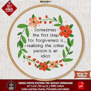 De eerste stap naar vergeving. Grappig kruissteekpatroon pdf. Onbeleefde sarcastische kruissteek. Snarky borduurwerk. Moderne kruissteekkaart