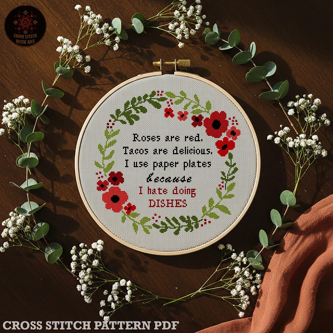 Funny Kitchen Quote Cross Stitch Pattern: Floral Wreath (PDF) - Etsy, image size:1080x1080
