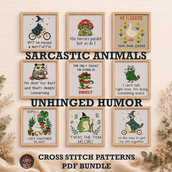 Meme Cross Stitch Patterns Bundle, Funny Frog Raccoon Goose Embroidery PDFs, Chaotic Animal Humor