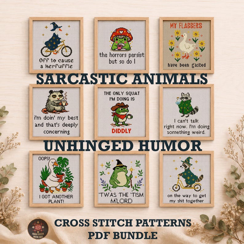Funny cross stitch bundle PDF featuring sarcastic frogs, raccoons, geese, and meme quotes displayed as framed embroidery. Chaotic Animal Humorous Quote Cross Stitch Patterns downloadble