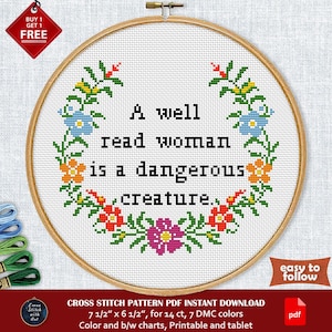 Snarky cross stitch pattern. Well-Read Woman cross stitch PDF. Funny cross stitch. Easy counted cross stitch, sarcasm, feminist, book lover