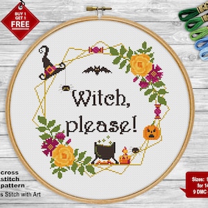 Witch please cross stitch pattern. Halloween cross stitch PDF. Sassy cross stitch. Easy counted cross stitch. Halloween embroidery, pumpkin