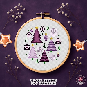 Violet Christmas Cross Stitch Pattern PDF. Purple Christmas Trees & Baubles. Modern Holiday Embroidery Design. Festive Geometric Home Decor