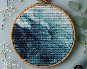 Schema punto croce mare PDF / Onde oceaniche astratte / Design da ricamo moderno minimalista blu natura
