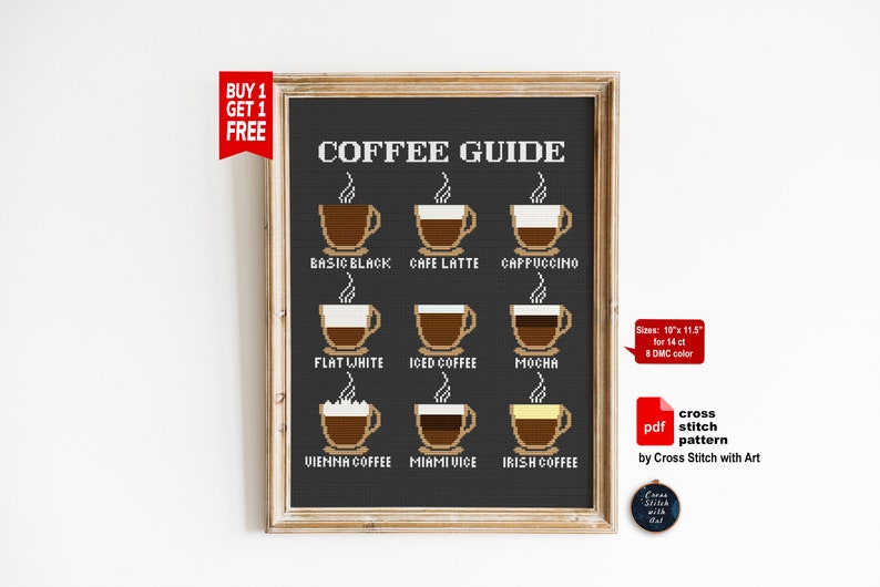 May include: A black and white cross stitch pattern of a coffee guide with different types of coffee, including basic black, cafe latte, cappuccino, flat white, iced coffee, mocha, Vienna coffee, Miami vice, and Irish coffee. The pattern is 10 inches by 11.5 inches and uses 8 DMC colors.