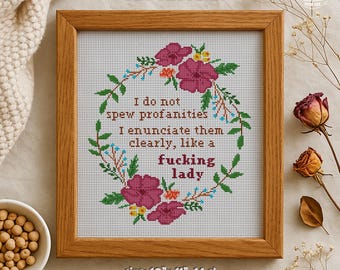 Sassy Floral Wreath Cross Stitch Pattern – Spew Profanities, Funny Swear Quote Embroidery Chart (PDF)