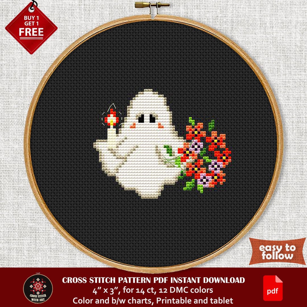 Flowers and Ghost Cross Stitch Pattern. Funny Cross Stitch PDF Instant ...