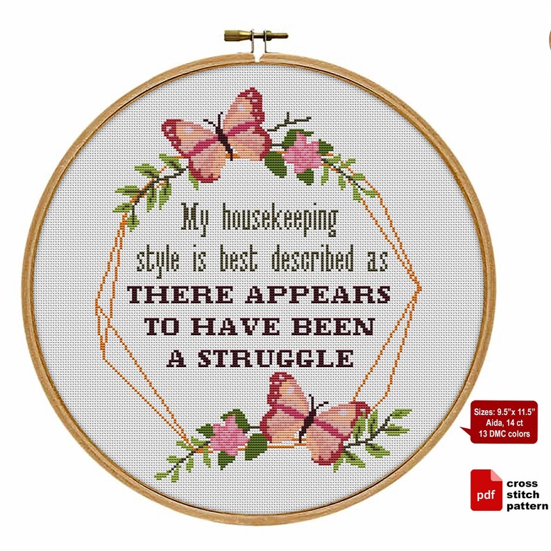 Funny Cross Stitch Pattern PDF. My Housekeeping Style. MomLife, Sarcastic Quote, Digital Download image 2
