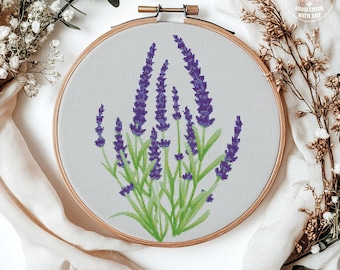 Lavender Cross Stitch Pattern PDF: Botanical Floral Embroidery Chart (Digital Download)