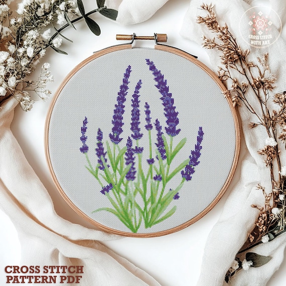 ラベンダーのクロスステッチパターンPDF：植物モチーフの刺繍図案