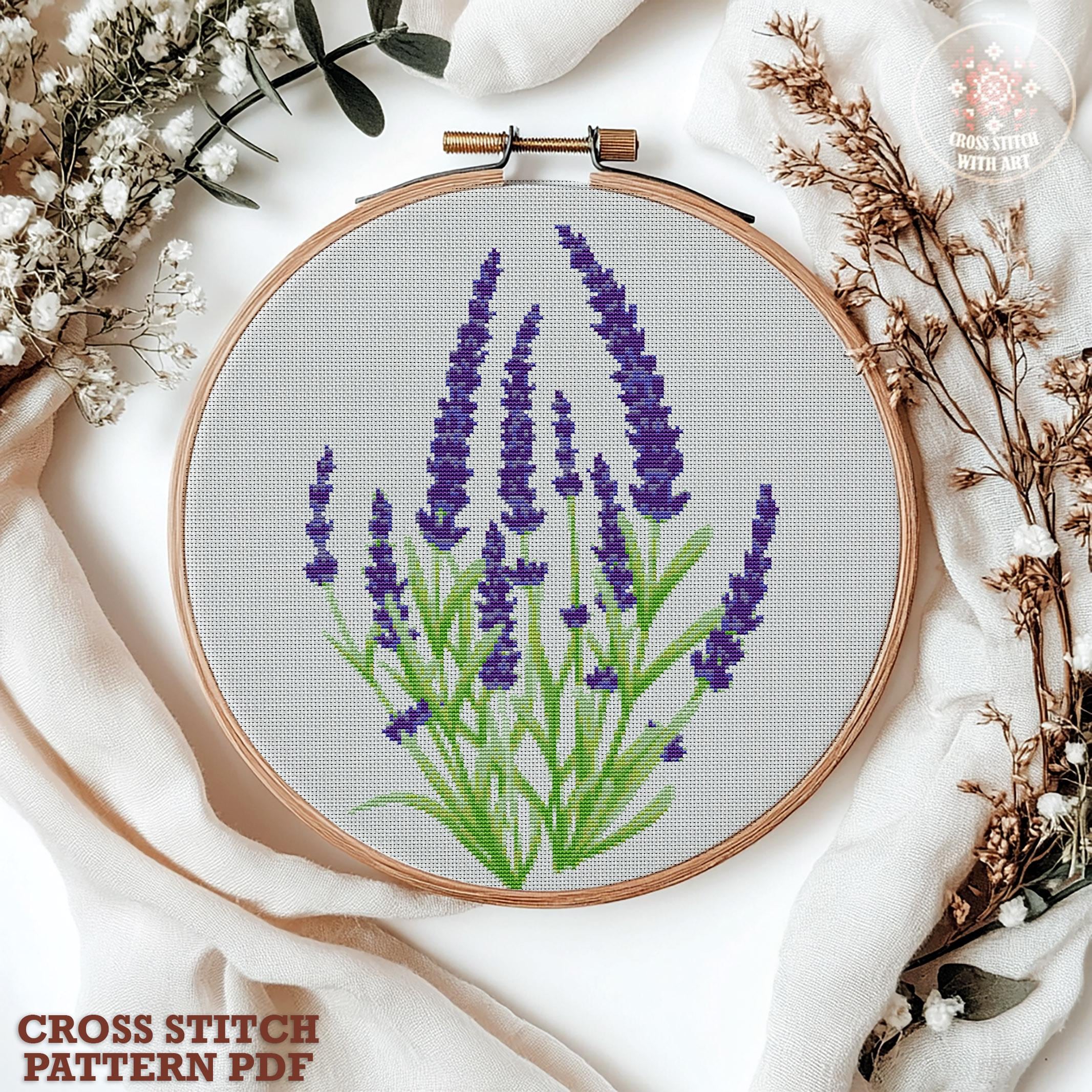 ラベンダーのクロスステッチパターンPDF。ボタニカルクロスステッチ