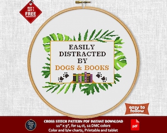 Funny cross stitch pattern. Ealisy Distracted Dogs Books. Sassy cross stitch PDF. Counted cross stitch. Dog lover gift, Bookworms embroidery