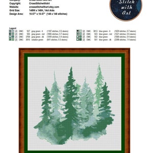 Watercolor Forest cross stitch pattern. Modern cross stitch PDF. Counted cross stitch chart, Pine tree, nature cross stitch, landscape image 4