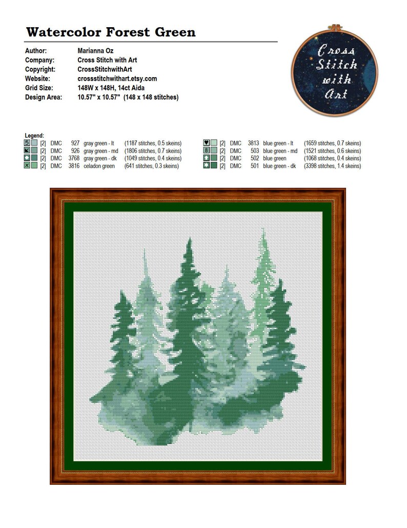 Watercolor Forest cross stitch pattern. Modern cross stitch PDF. Counted cross stitch chart, Pine tree, nature cross stitch, landscape image 4