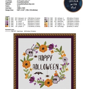 Happy Halloween cross stitch pattern. Sassy cross stitch PDF. Modern cross stitch. Flower wreath. Easy counted xstitch. Halloween embroidery image 7