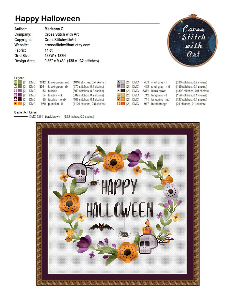 Happy Halloween cross stitch pattern. Sassy cross stitch PDF. Modern cross stitch. Flower wreath. Easy counted xstitch. Halloween embroidery image 7